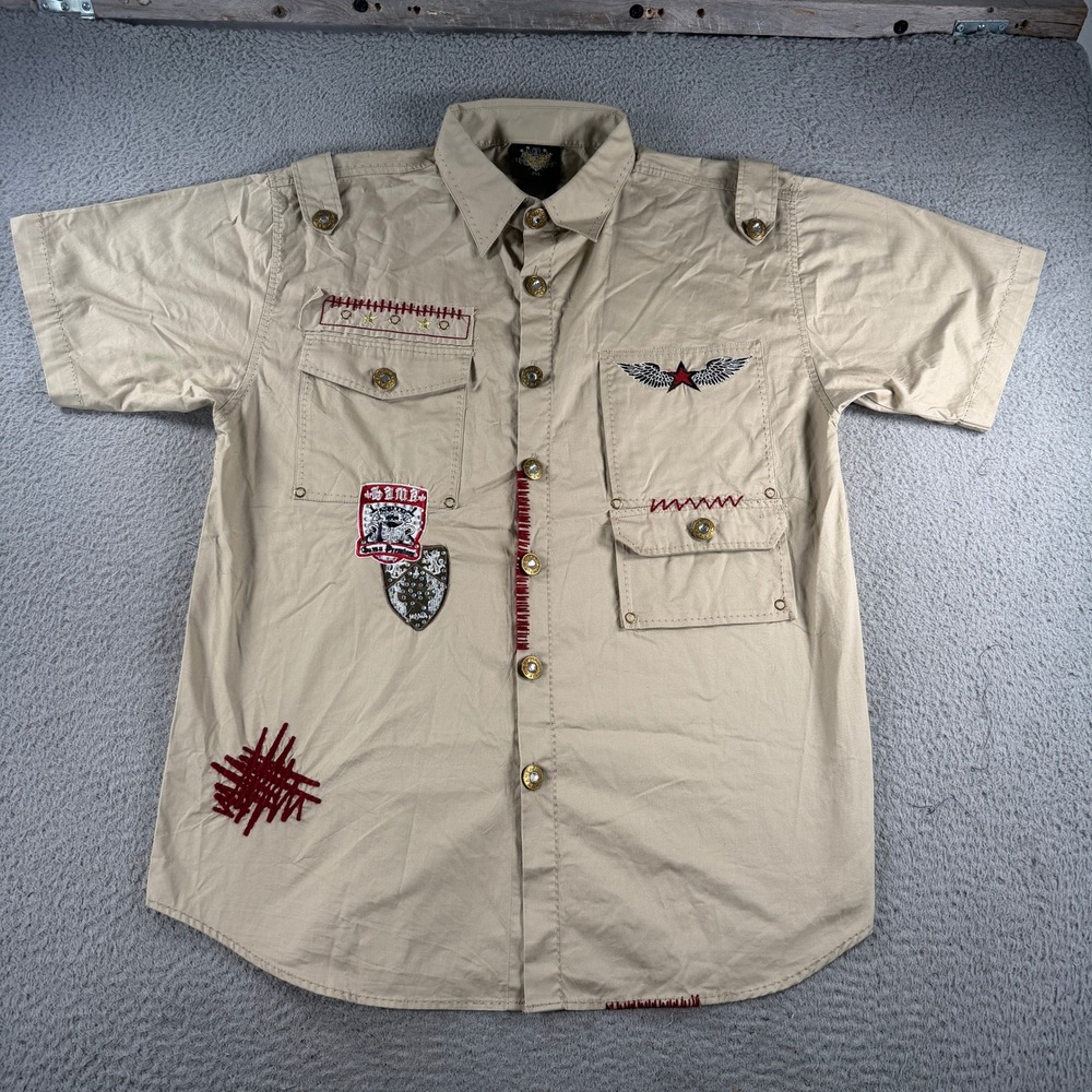 Hama Battle Cry Shirt Men 2XL Khaki Tan Embroidered Winged Star Y2K Button Down
